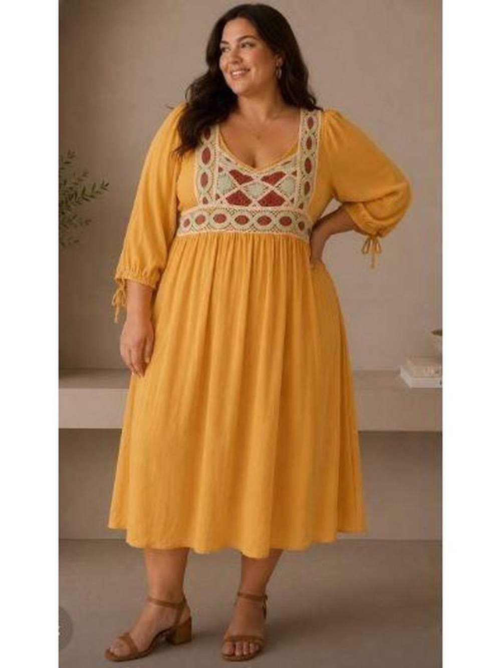 Cato Mustard Yellow Boho Crochet-Trim Midi Dress - 22/24W
